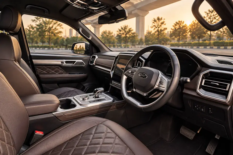 Quilted leather cabin of the JAC T9 Hunter